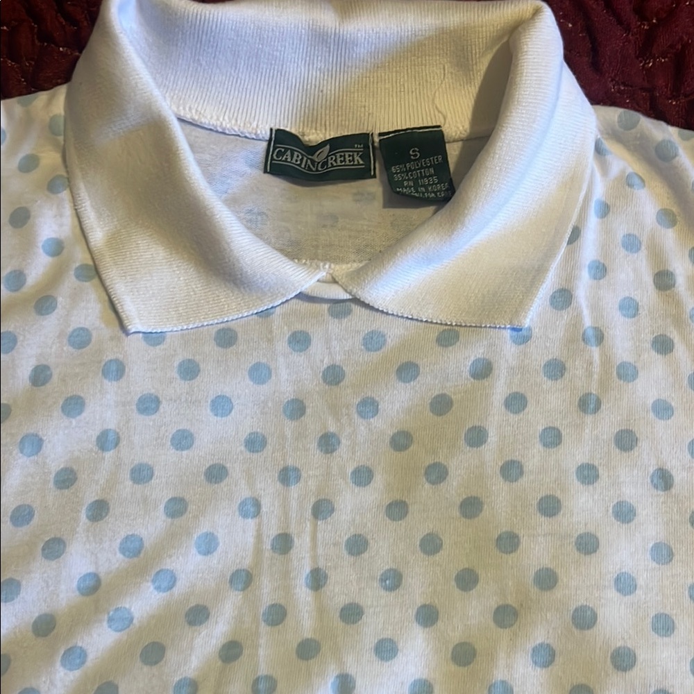 Vintage Cabin Creek White Polo with Blue Dots